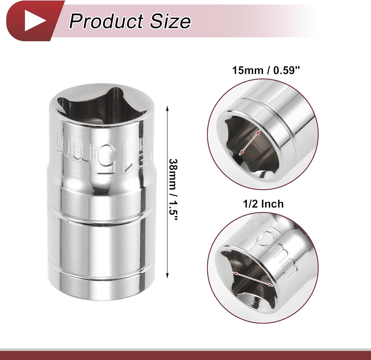 1pcs Impact Socket Durable Hardware Tool 38mm Silver Tone Chrome Vanadium Steel 6 Point 15mm for Car Motorcycle Dirtbike Repair Shallow 1/2 Inch Drive