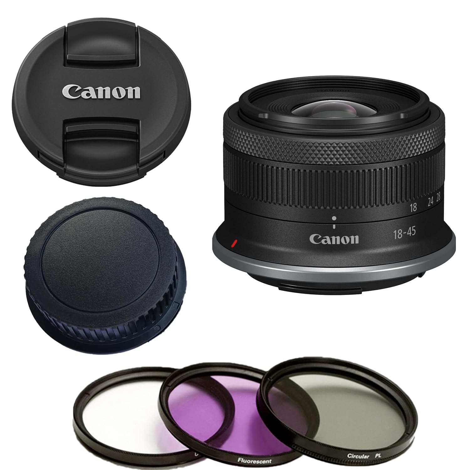 Canon RF-S 18-45mm f/4.5-6.3 IS STM Lens (New, White Box) with 3 Piece Filter Kit (Ultra Violet/Circular Polarized/Fluorescent) (Renewed)