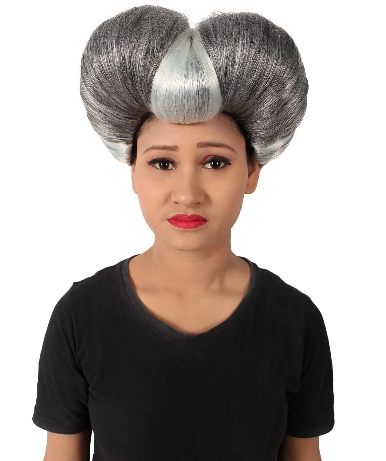 HPO Adult Women's Evil Stepmother Heart-shaped Pompadour Multiple Color Options Wig, Capless Cap Design for Comfort (Grey & Silver)