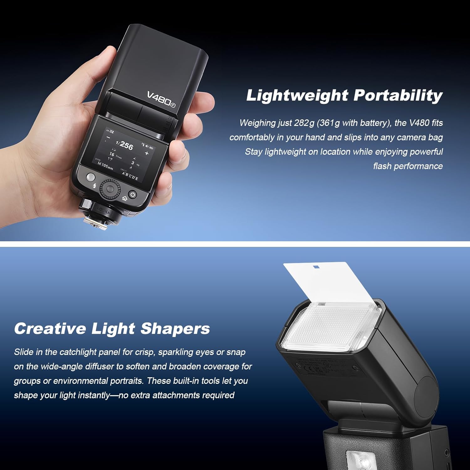 Godox V480 F Godox V480-F TTL Flash for Fujifilm Camera godox V480F with Diffuser Touchscreen 1/8000 s High-Speed Sync GN50 7.2 V/2200 mAh Rechargeable Battery