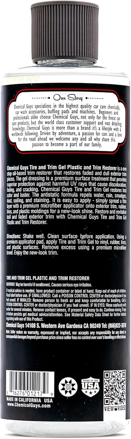 Chemical Guys Tire And Trim Gel For Plastic And Rubber, Restores Faded Tires, Trim, And Bumpers, Enhances Shine And Protection, Safe For Cars, Trucks, SUVs, Motorcycles, RVs & More, 16 Fl Oz