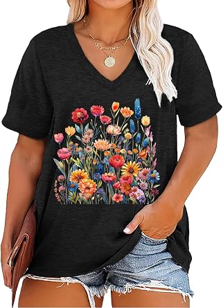 Plus Size Tops for Women Vintage Wildflower V Neck T Shirt Boho Cute Floral Graphic Tees Short Sleeve Summer Tops