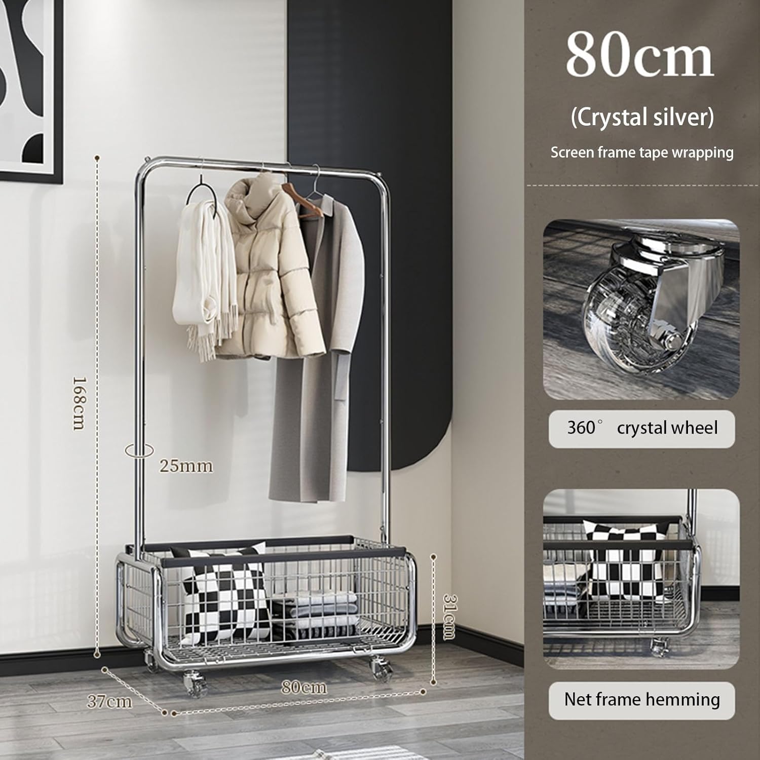 Freestanding Clothes Rack,Metal Coat Rack with Movable Storage Basket,360° Rolling Clothes Rack,Mobile Storage Coat Rack for Bedroom (Size : 80cm)