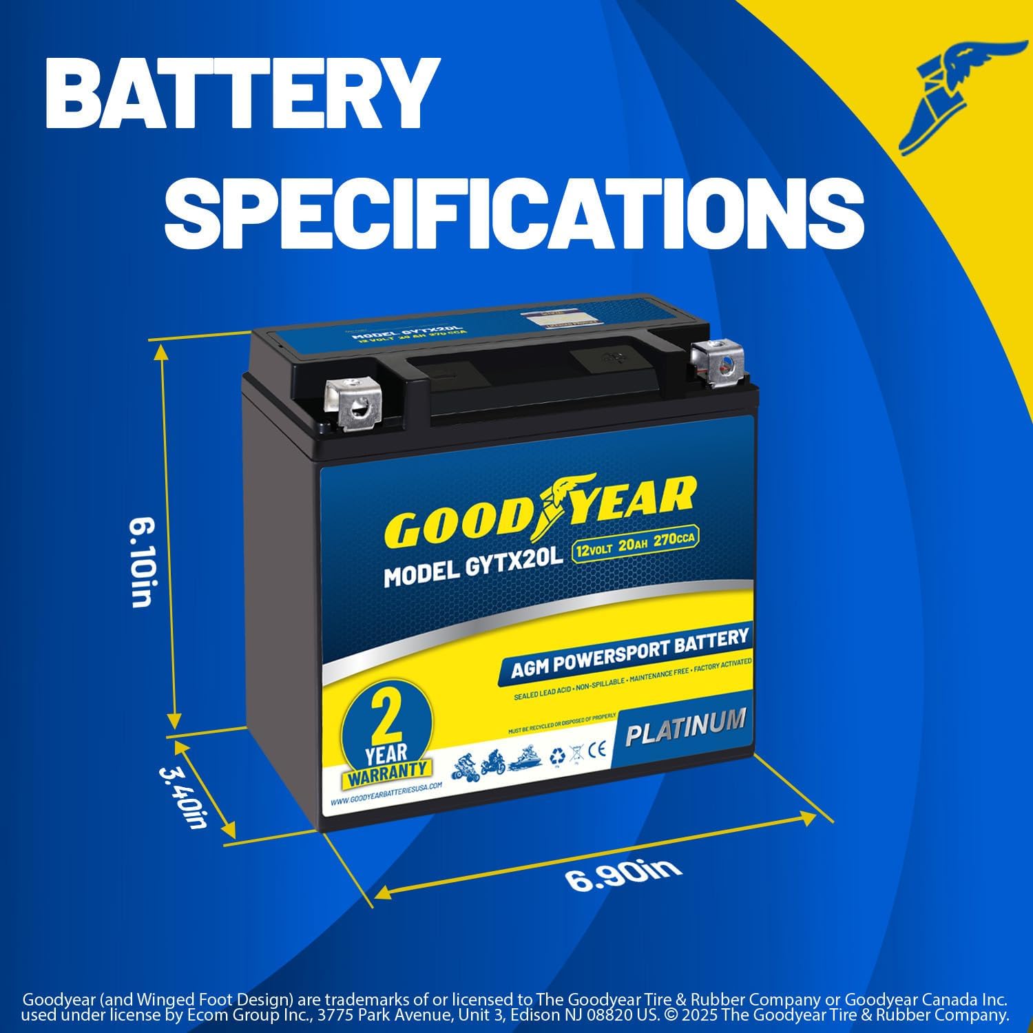 Goodyear GYTX20L - 12 Volt 20 AH, 270 CCA, Rechargeable High-Performance, Maintenance Free, SLA - AGM Battery for Motorcycle, ATV, UTV, Scooter, Snowmobile, Motorbike and more!