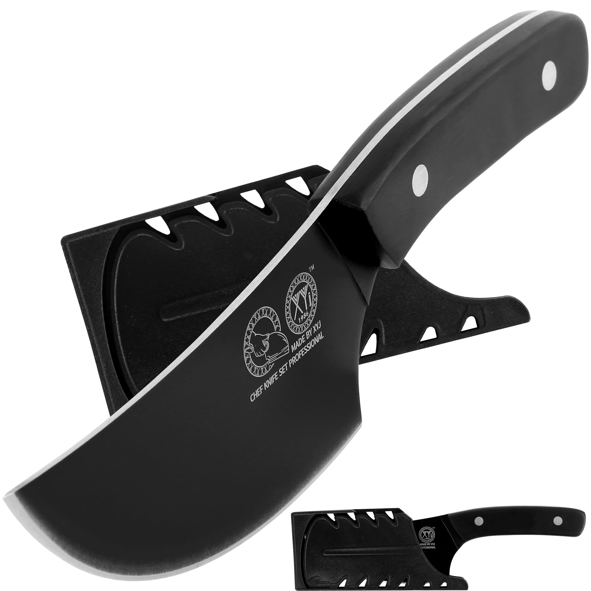XYJ 5.5 Inch Boning With Sheath,Stainless Steel,Black Fish Fillet Kitchen Knife,Full Tang,Meat Cleaver for Meat Cutting,Carving Knife for Kitchen Outdoor Camping BBQ