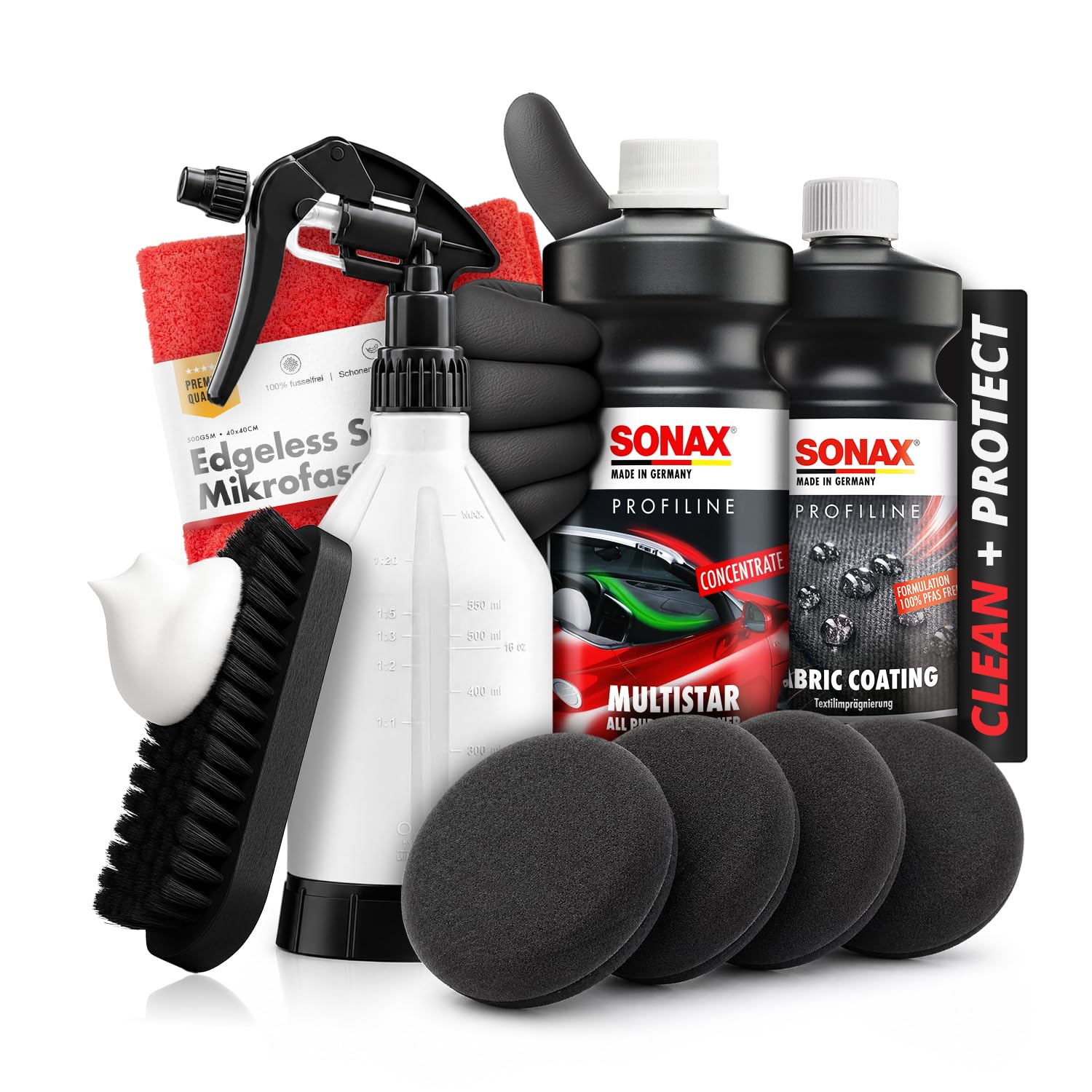 SONAX PROFILINE Textilpflege Set: Multistar Reiniger & Fabric Coating Textilimprägnierung + Sprühflasche, Bürste, Applikatoren & Tuch – für Cabrioverdeck, Alcantara, Autositze, Polster & Innenraum