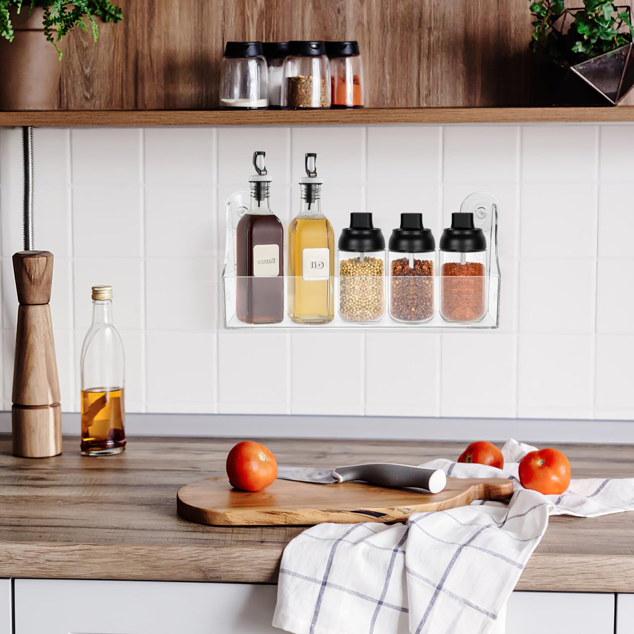 Organizador de estante para refrigerador con ventosa, estante de almacenamiento de acrílico transparente para refrigerador para refrigerador para contener especias, tarro de aceite de oliva 9