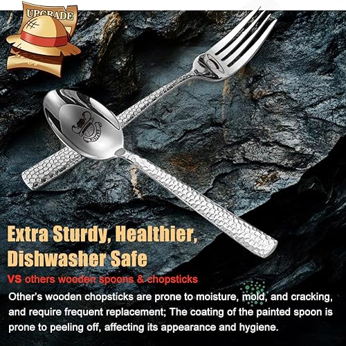 Miniatura 5 de Juego de cuenco de cerámica con sombrero de paja estilo anime, tenedor y cuchara de acero inoxidable martillado, buen regalo ideal para los