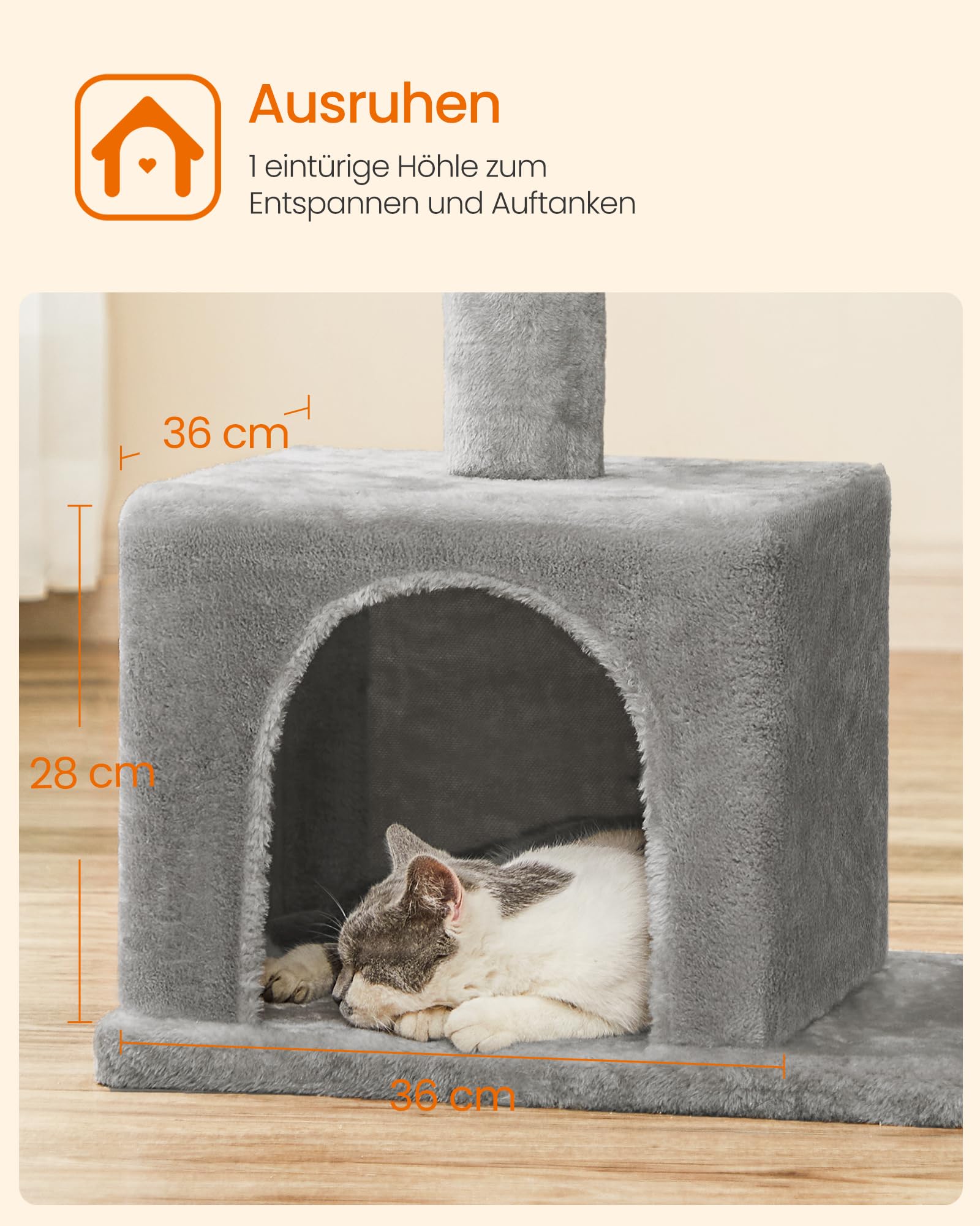 Feandrea Kratzbaum, 84 cm Katzenbaum, L, Katzenhaus für große Katzen bis zu 7 kg, große Plattform, 2 Katzenhöhlen, Sisalstämme, hellgrau PCT61W