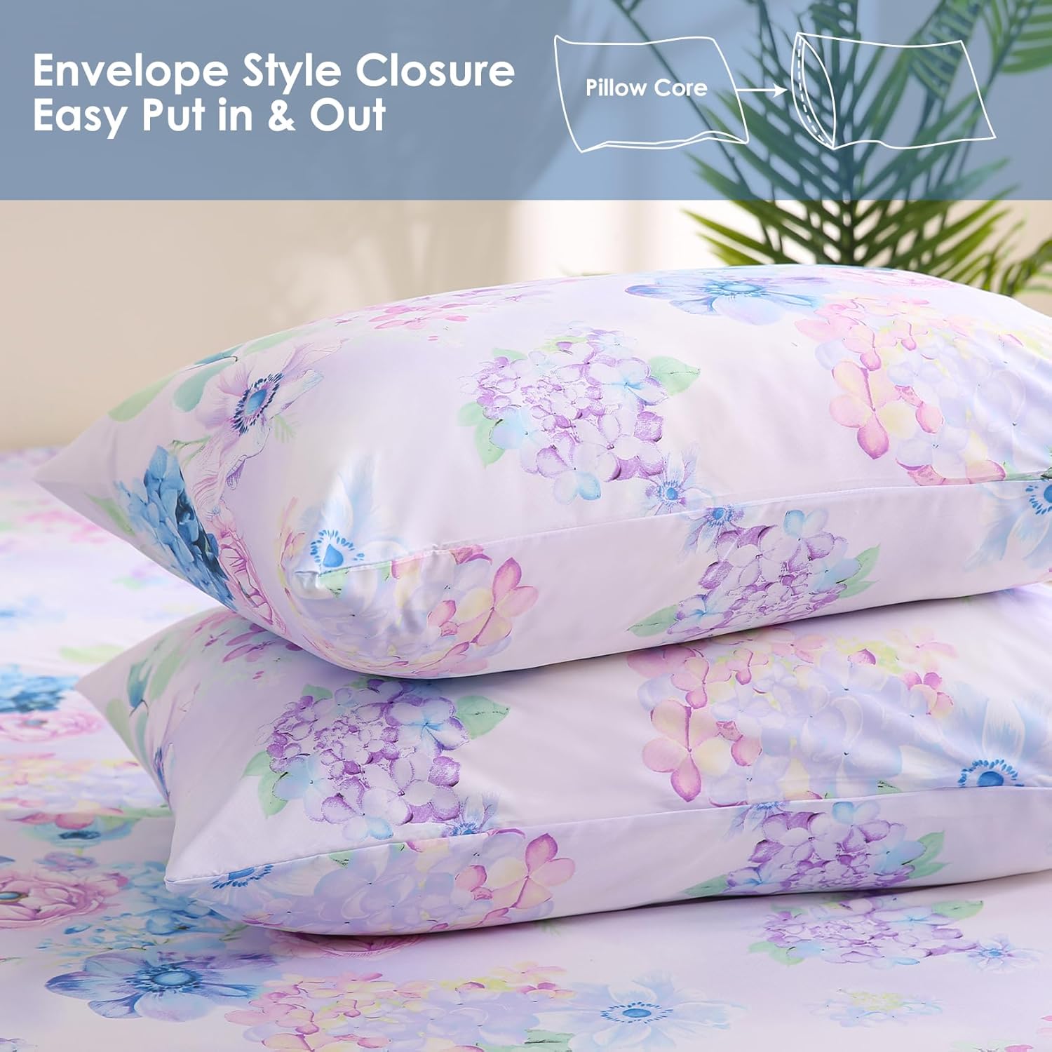 JSD Purple Hydrangea Floral Sheet Set Queen Size, 4 Piece Printed Microfiber Bed Sheets Deep Pocket