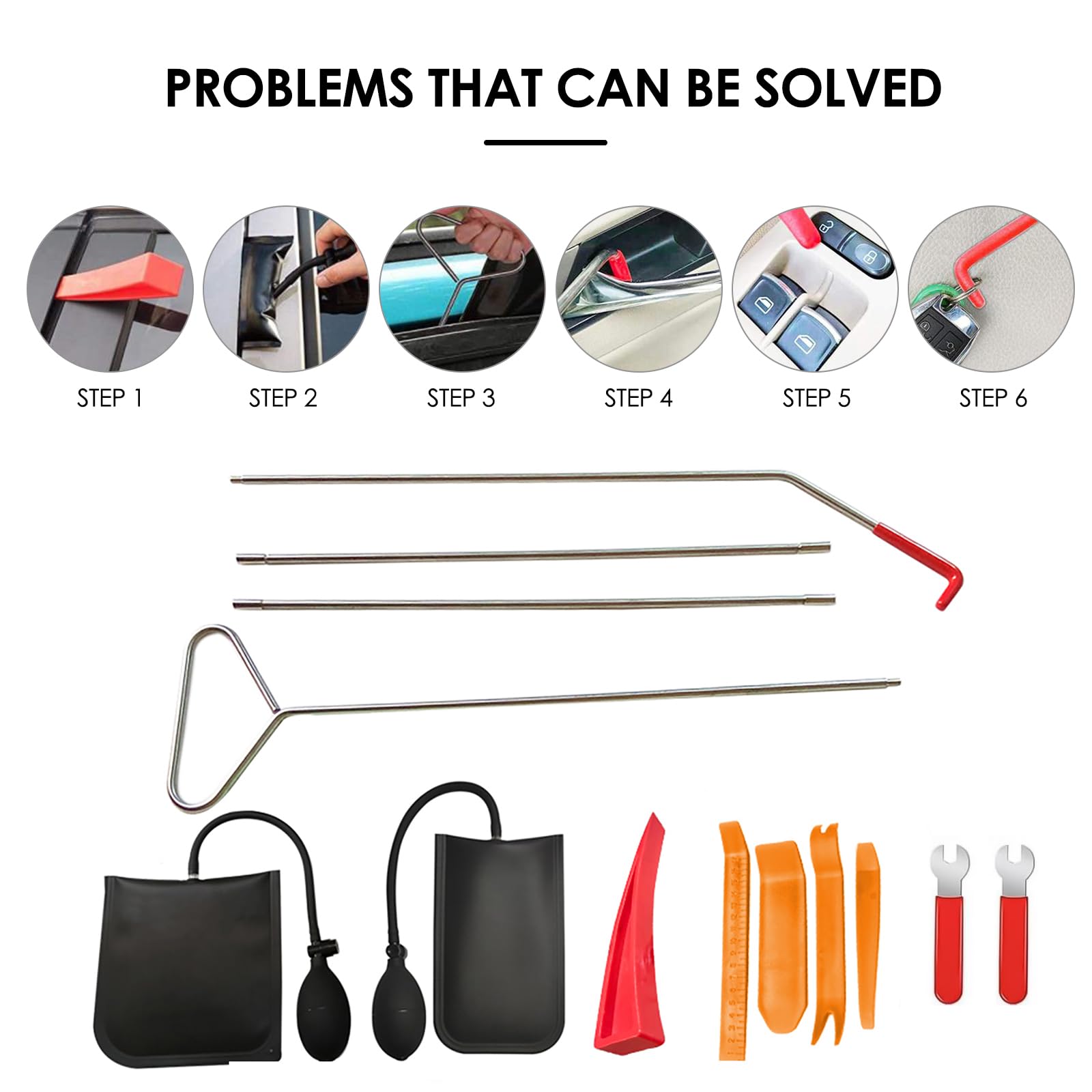 Kit d'outillage Professionnel pour Voiture, 13 pièces avec Long Manche, Pompe à Coin d'air, cale sans Trace, Gants, Indispensable en Cas d'urgence，Ventilateur Variable