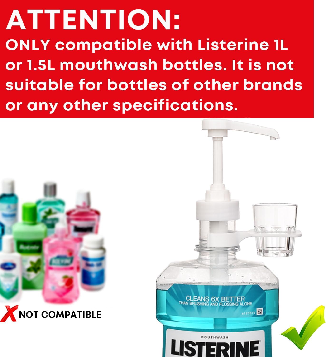 Dispenser Pumps for Listerine 1 or 1.5 Liter Mouthwash Bottles with Cup Holders, Resuable Cups and Clear Plastic Paper Cup Dispenser - Fits Total Care, Original, Zero Alcohol, Cool Mint, etc thumbnail
