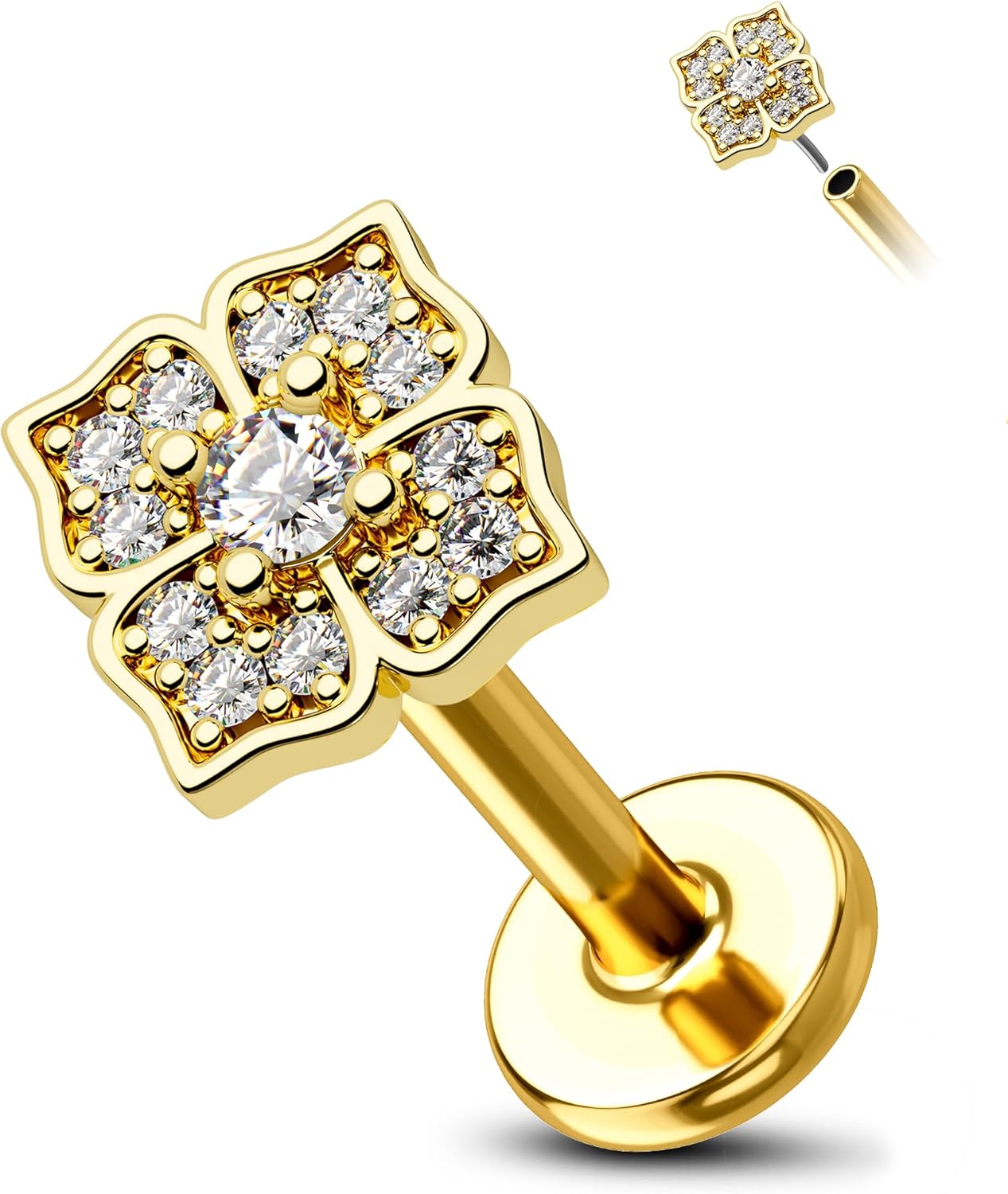 COCHARM 14K Real Gold Cartilage Tragus Earring Stud Leaves Flat Back 16g Yellow Gold Push Pin Cartilage Tragus Jewelry 8mm 6mm Square Threadless Conch Piercing