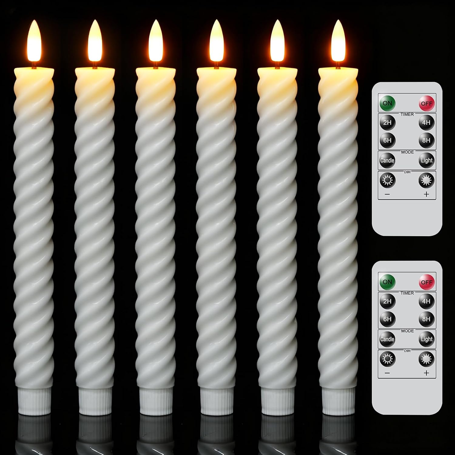 Wondise Flameless Taper Candles with Remote Timer, Real Waxy Battery Operated Flickering Spiral Candlesticks, 3D Wick LED Candles 9.6inch for Halloween Christmas Holiday Wedding Decoration (White