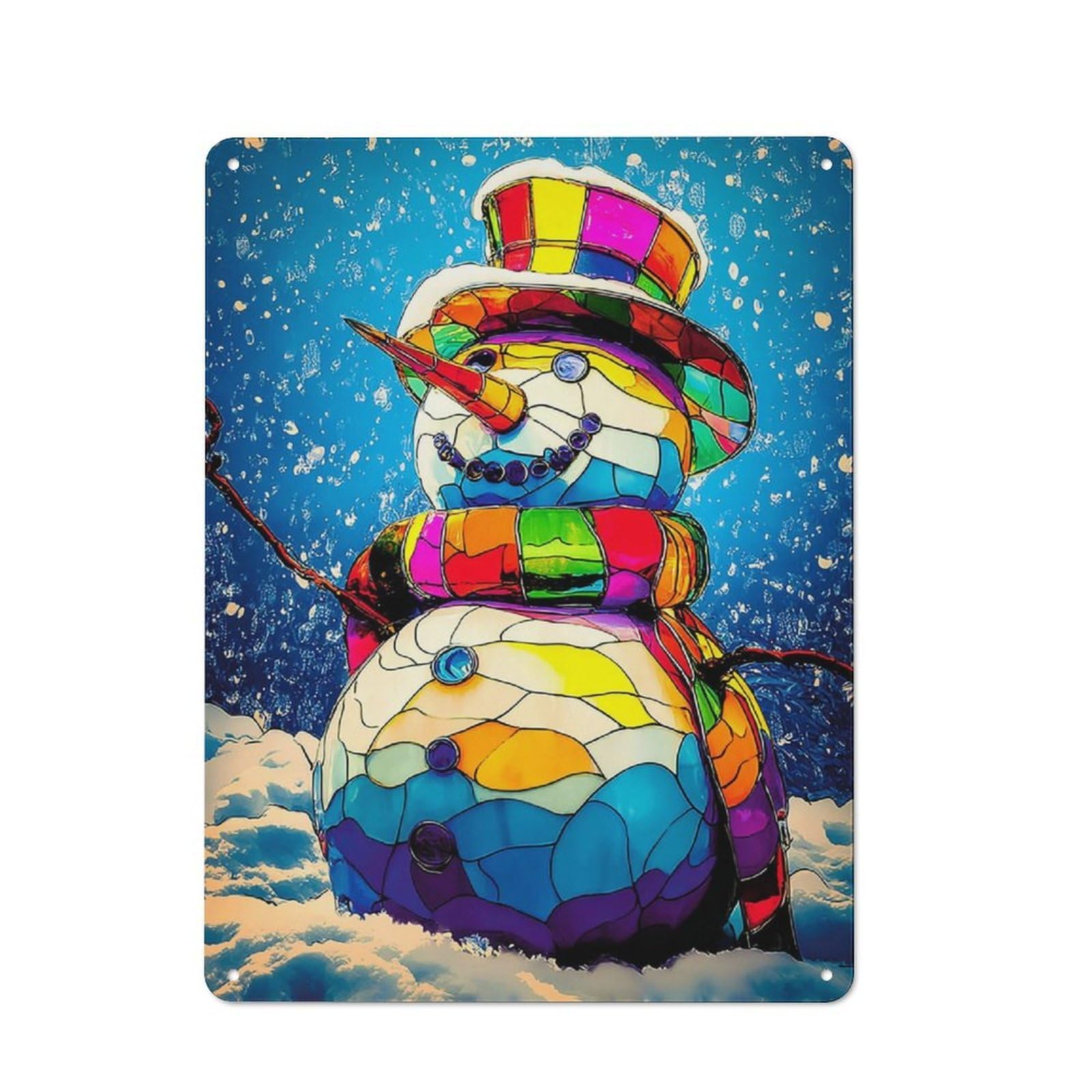 Junmoney Colorful Stained Glass Snowman Metal Wall Plaque With Design 40X30cm, Retro Small Space Decor For Flat, Dorm Room, Lounge Or Cafe