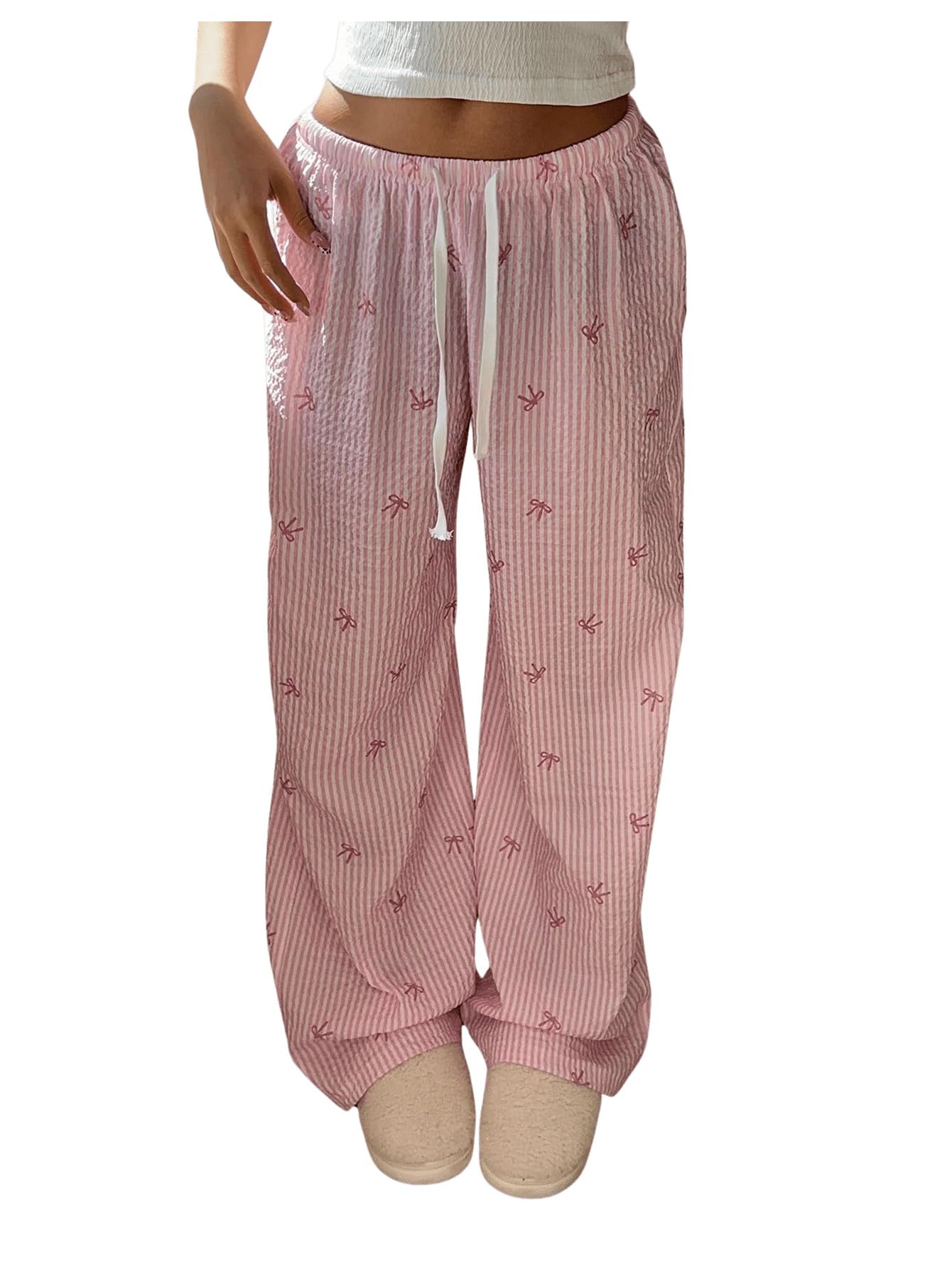 MakeMeChic Womens Y2K Bow Striped Pants Elastic Waist Pants Drawstring Straight Leg Trousers