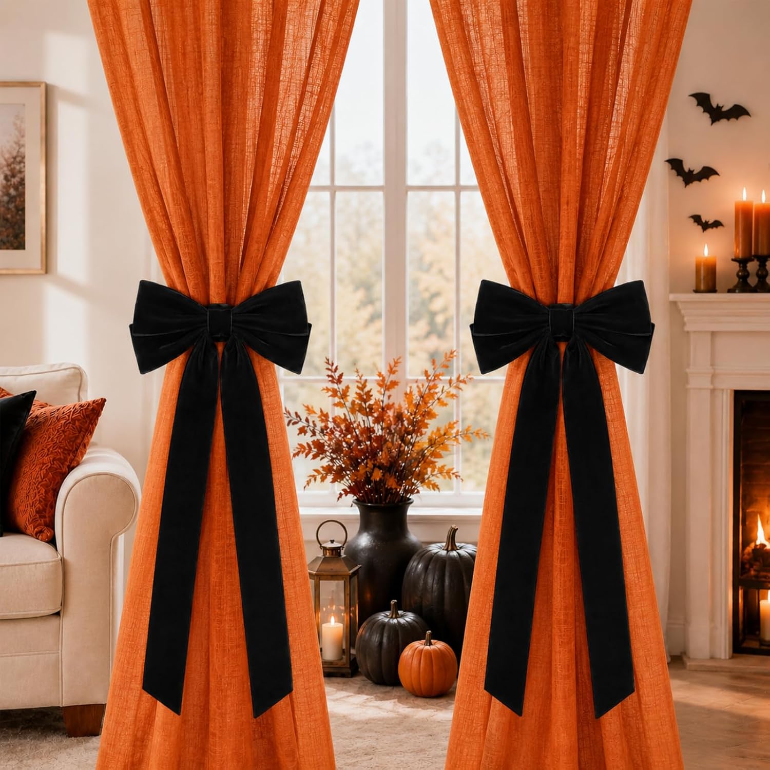 Amyhill 2 Pcs Halloween Black Bow Curtain Tie Backs, Velvet Holdback