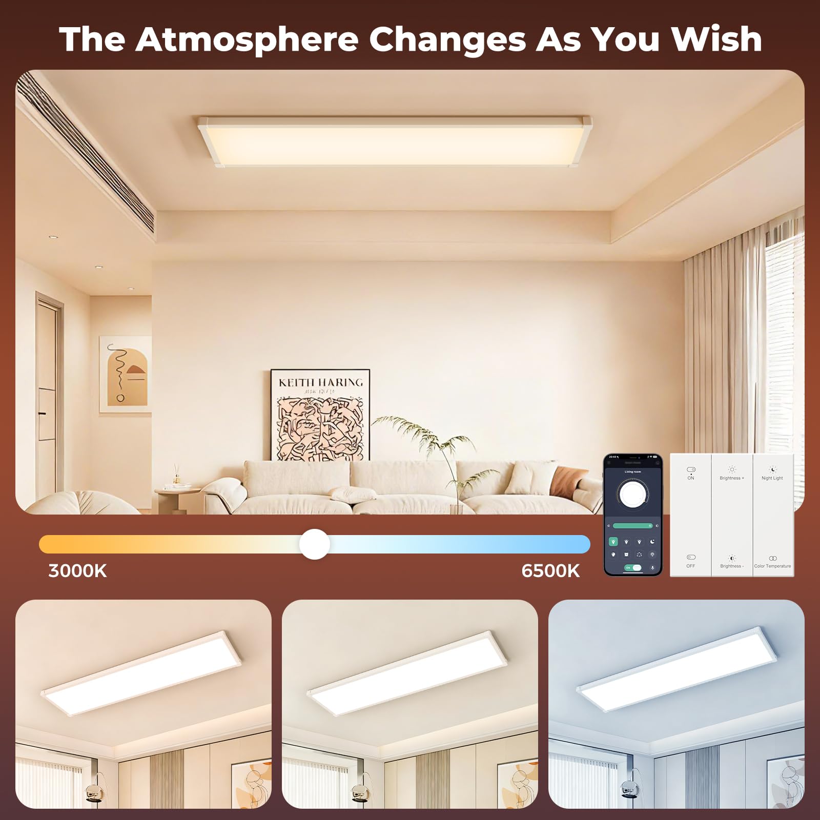 AIKVSXER 36 Pack 1x4 FT LED Flat Panel Light Surface Mount with Wireless Switch App Control Night Mode — view 5