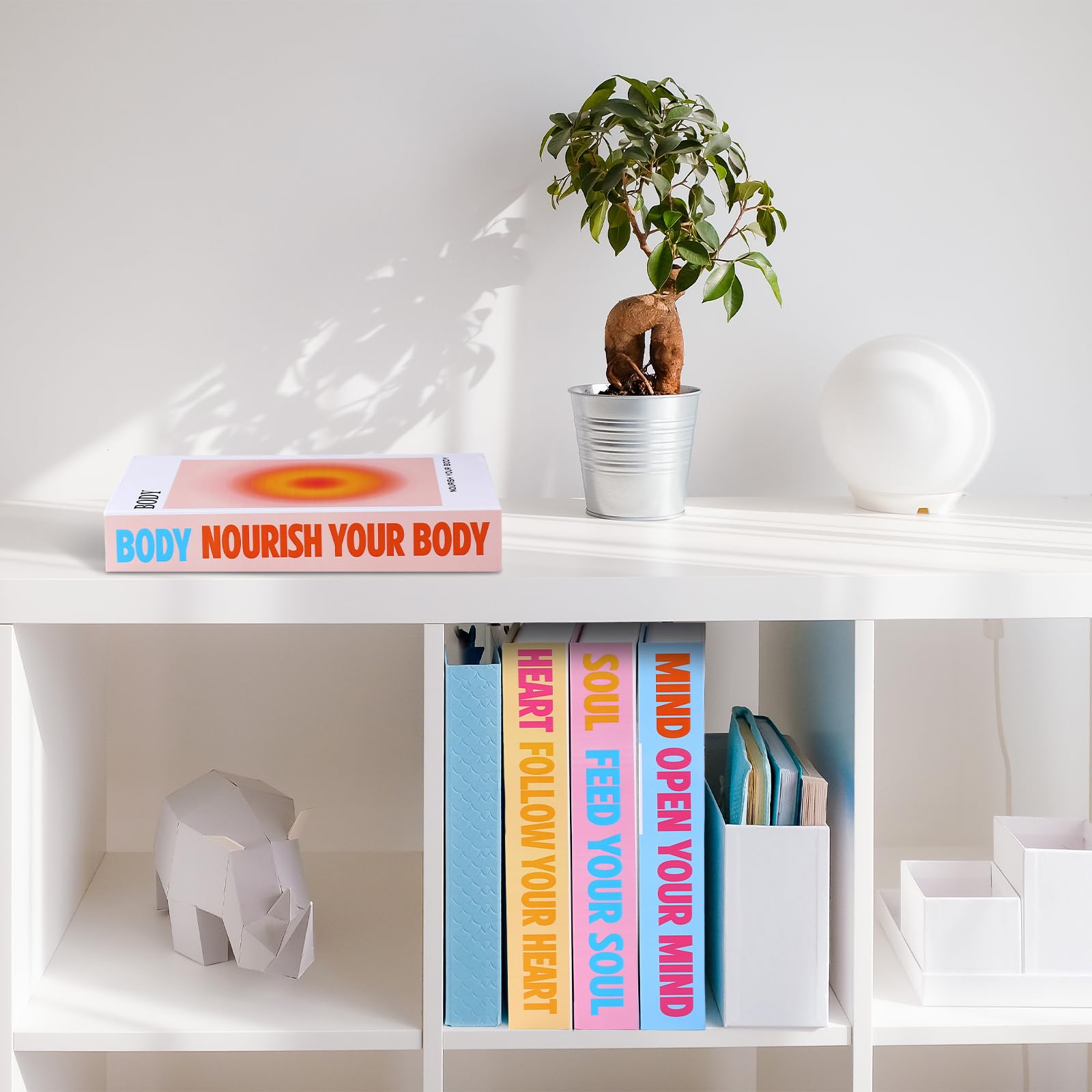 Pasimy Set di 4 libri decorativi con aura sfumata e angelo, tavolino impilato, decorazione per libri, anima, corpo, mente, cuore, citazioni ispiratrici, copertina rigida, libri falsi per casa,