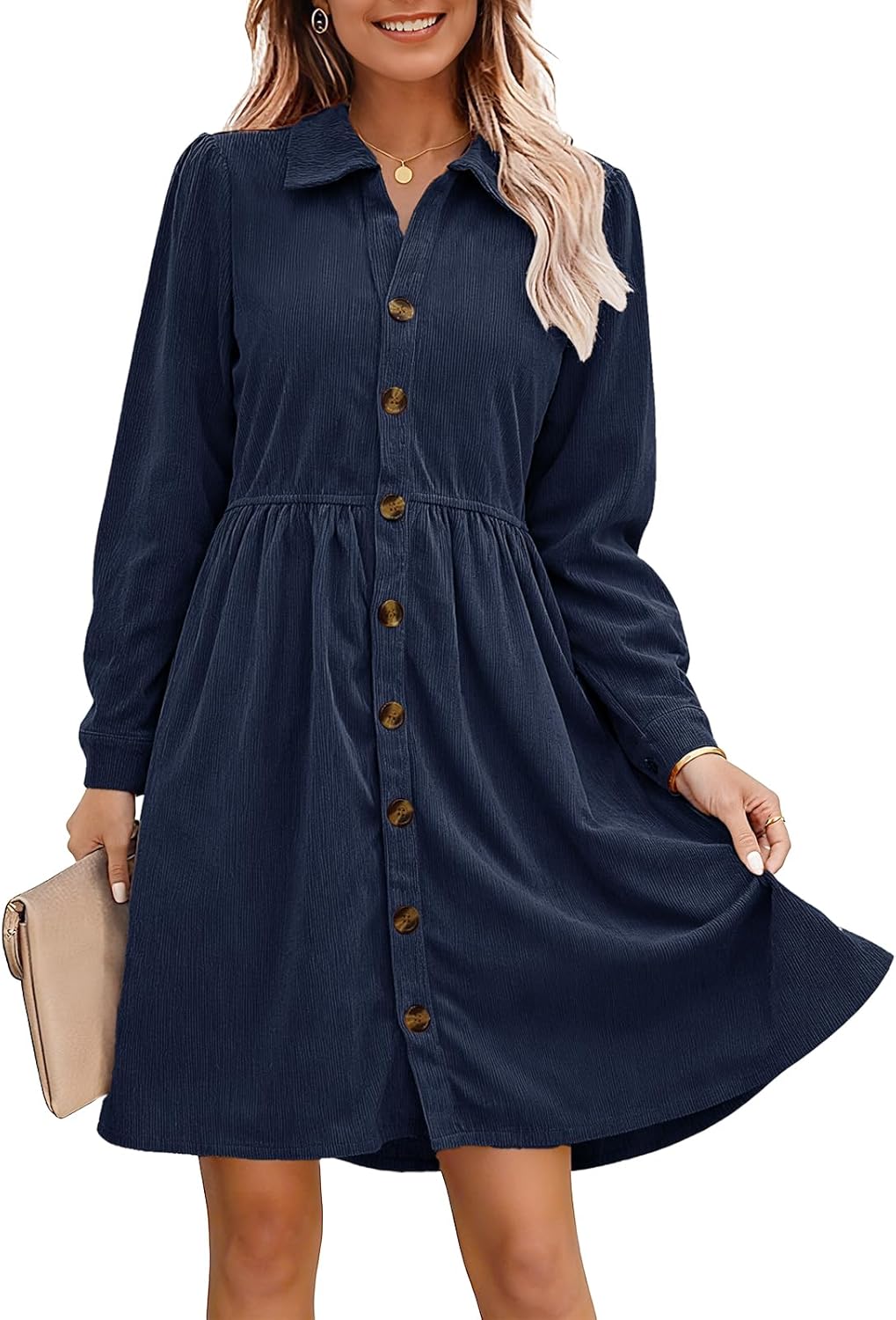 Alaster Queen Women's Corduroy Dresses Long Sleeve Fall Shirt Button Down Back Tiered Short Work Dress with Pocket
