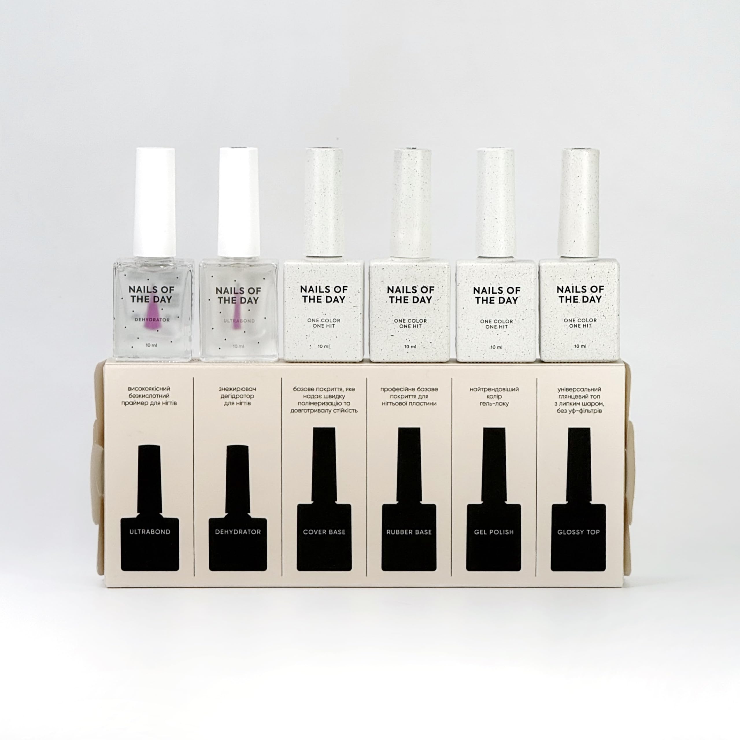 NAILSOFTHEDAY WELCOME NOTD BOX Kit Starter Manicure Dehydrator, Ultrabond, Rubber Base, Cover Base New Formula 02, Gel Polish Let's Special White 001 e Glossy Top Wipe, 10 ml c/u