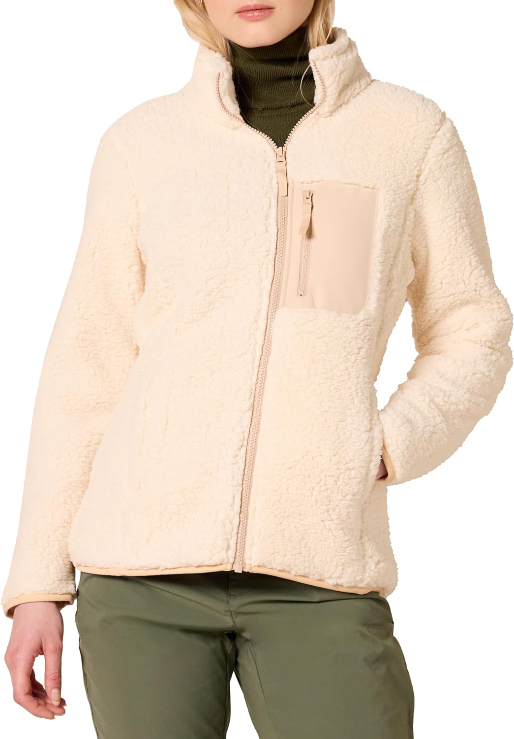 Amazon Essentials Women’s Sherpa Long-Sleeve Mock Neck Full-Zip Jacket with Woven Trim (Available in Plus Size) Amazon Essentials Women’s Sherpa Long-Sleeve Mock Neck Full-Zip Jacket with Woven Trim (Available in Plus Size)
