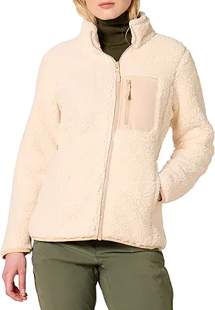 Amazon Essentials Women's Sherpa Long-Sleeve Mock Neck Full-Zip Jacket with Woven Trim (Available in Plus Size)