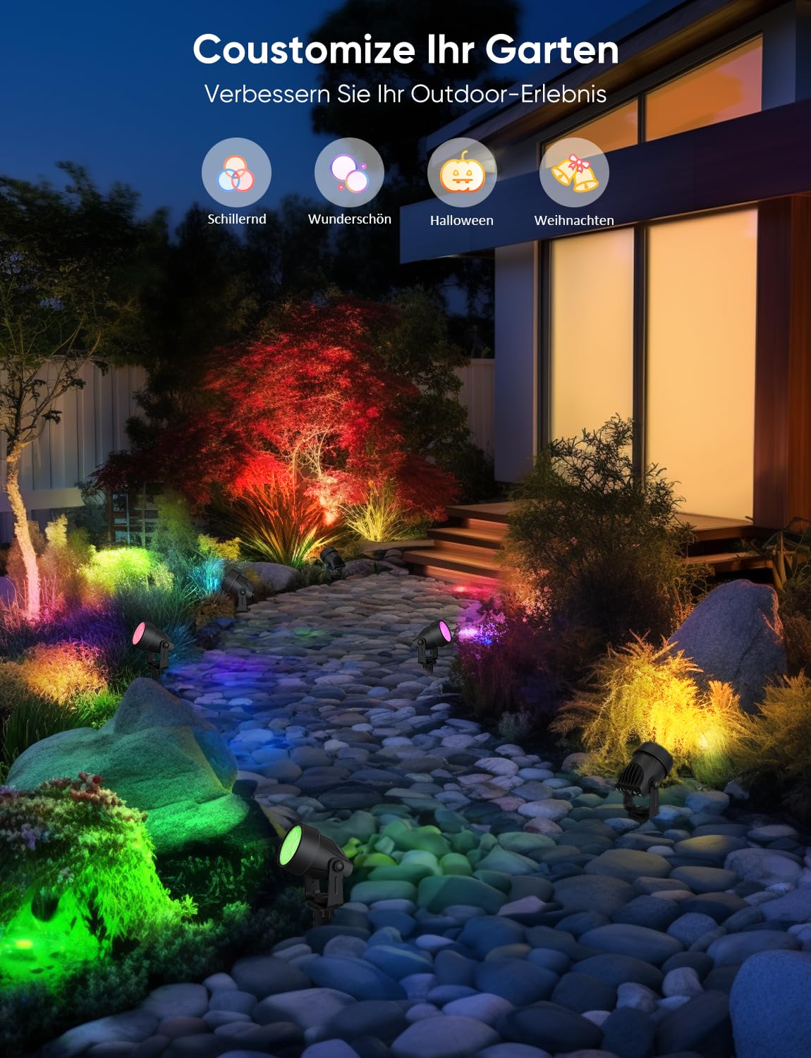 APPECK Gartenstrahler, WiFi Smart Gartenbeleuchtung mit Strom, RGBW Farbe ändernde intelligente Niederspannungs-Spot-Lichter, mit App/Sprachsteuerung, für Patio Garten Einfahrt Gehweg, 6 Stück