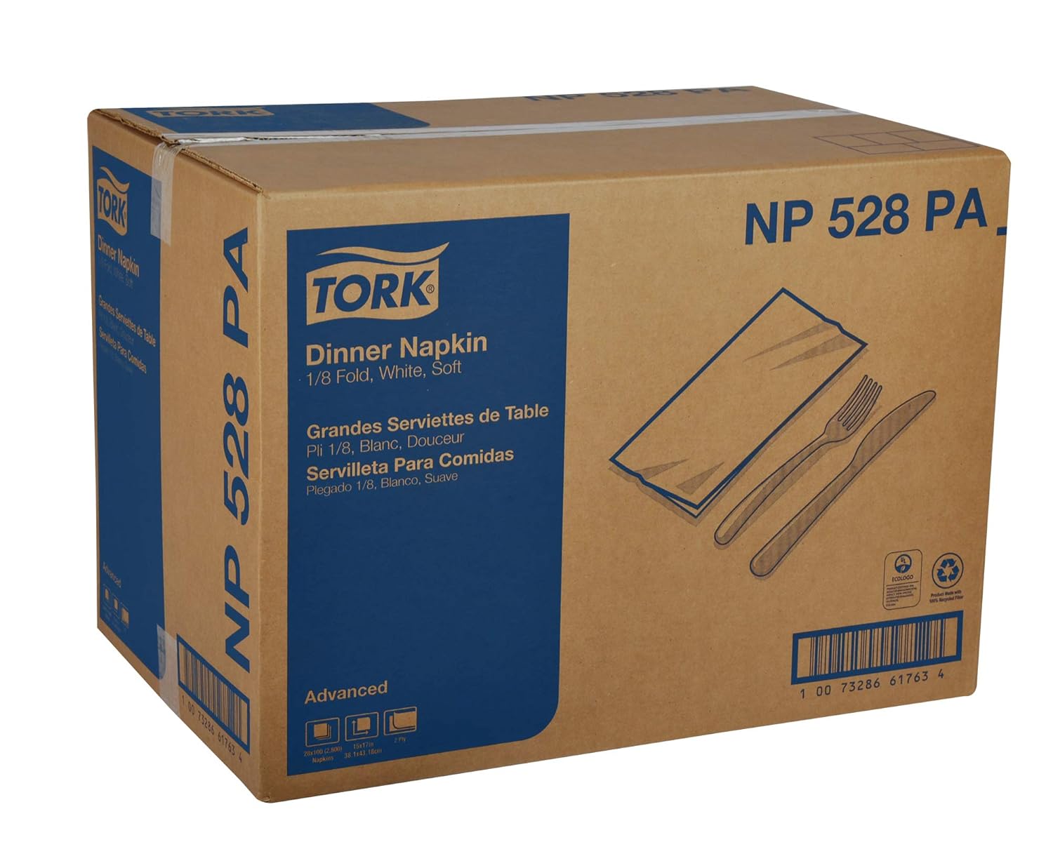 Tork White Soft Dinner Napkin, 1/8 Fold 2-ply, 15" x 17, 28 x 100 napkins, NP528PA
