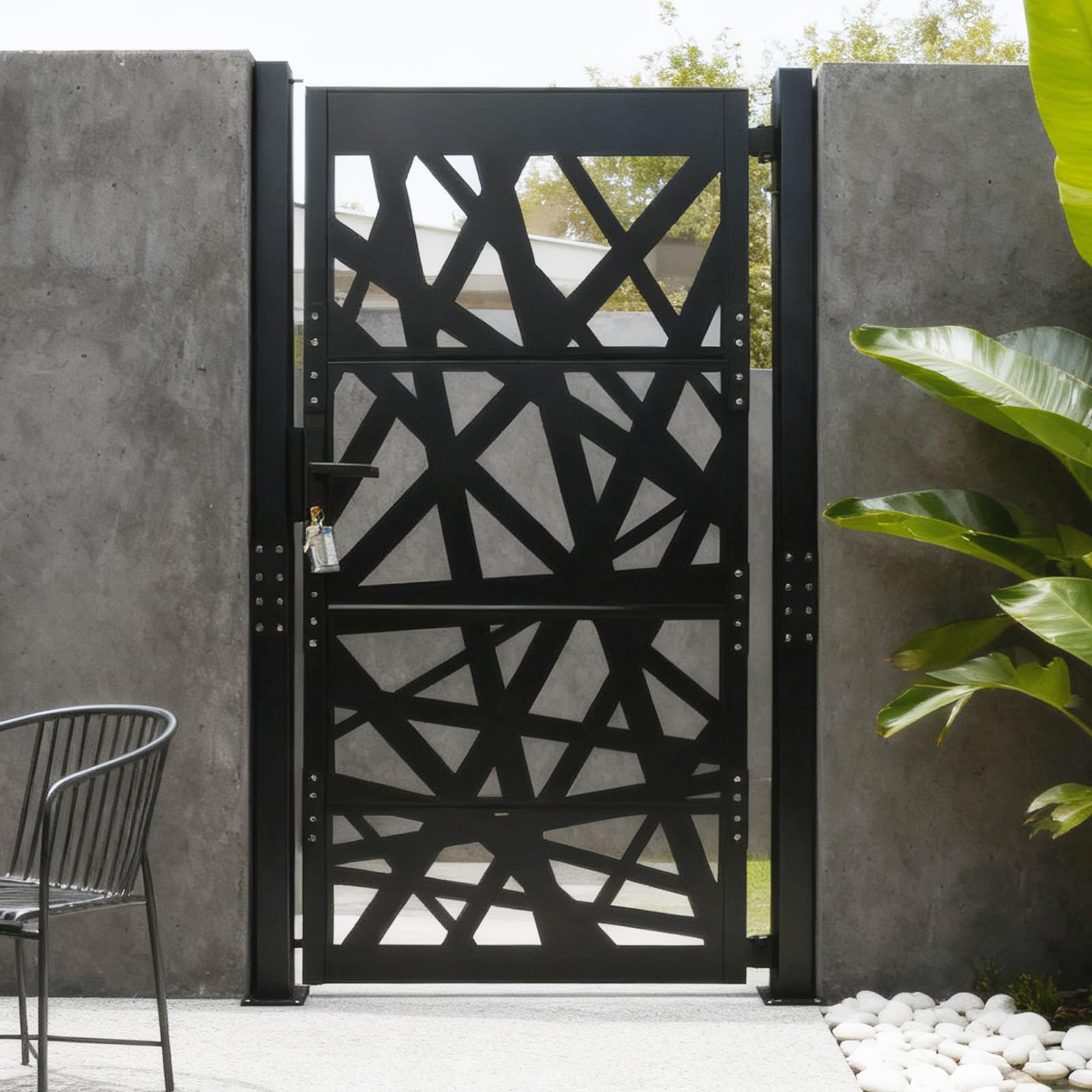 Puerta de jardín de acero negro con recubrimiento en polvo, resistente a la intemperie y a la corrosión, puerta de seguridad con cierre para jardín, entrada y patio
