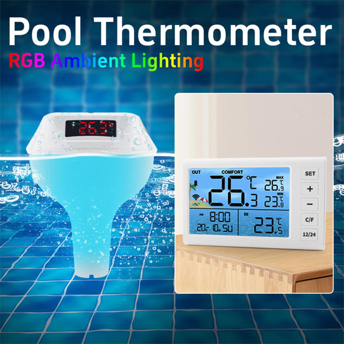 Termómetro flotante inalámbrico para piscina con indicador digital LED de temperatura del agua y clasificación de impermeabilidad IP68, ABS, color blanco