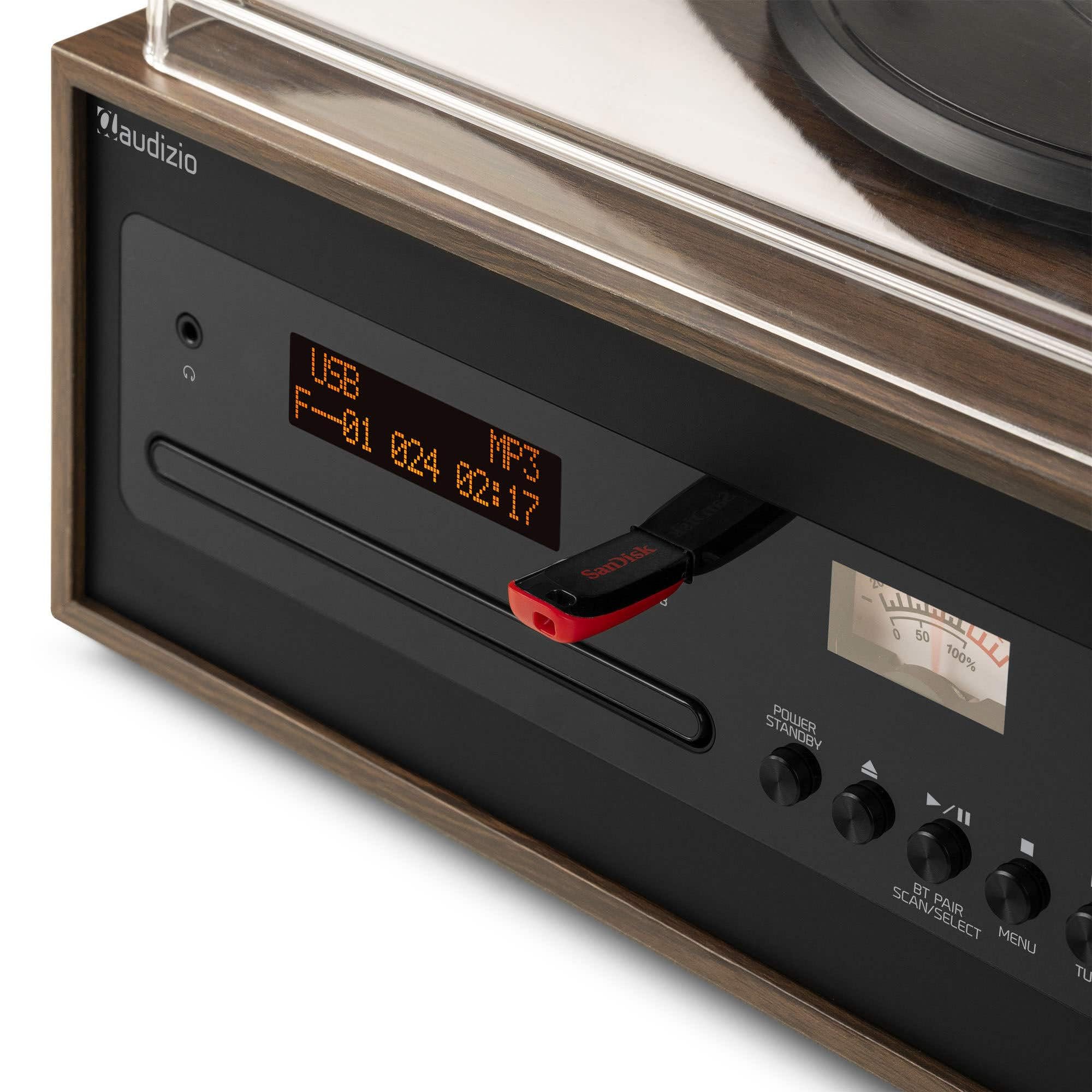 Audizio Boston Retro HiFi Giradischi Bluetooth CD MP3 USB, Radio Dab+, Altoparlanti Stereo, Ingresso AUX, Uscita Cuffie, 3 velocità, Telecomando e Vummetri illuminati