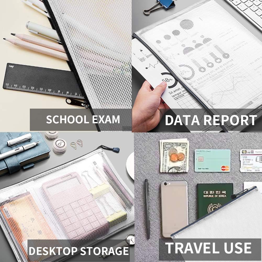 6pcs Mesh Zipper Pouches - Zipper File Bags/Waterproof Document Bags/File Folders A5 Size for School Driving Test/Office Receipts/Household Bills/Travel Storage Black 9.3x7 inches OS03BK06