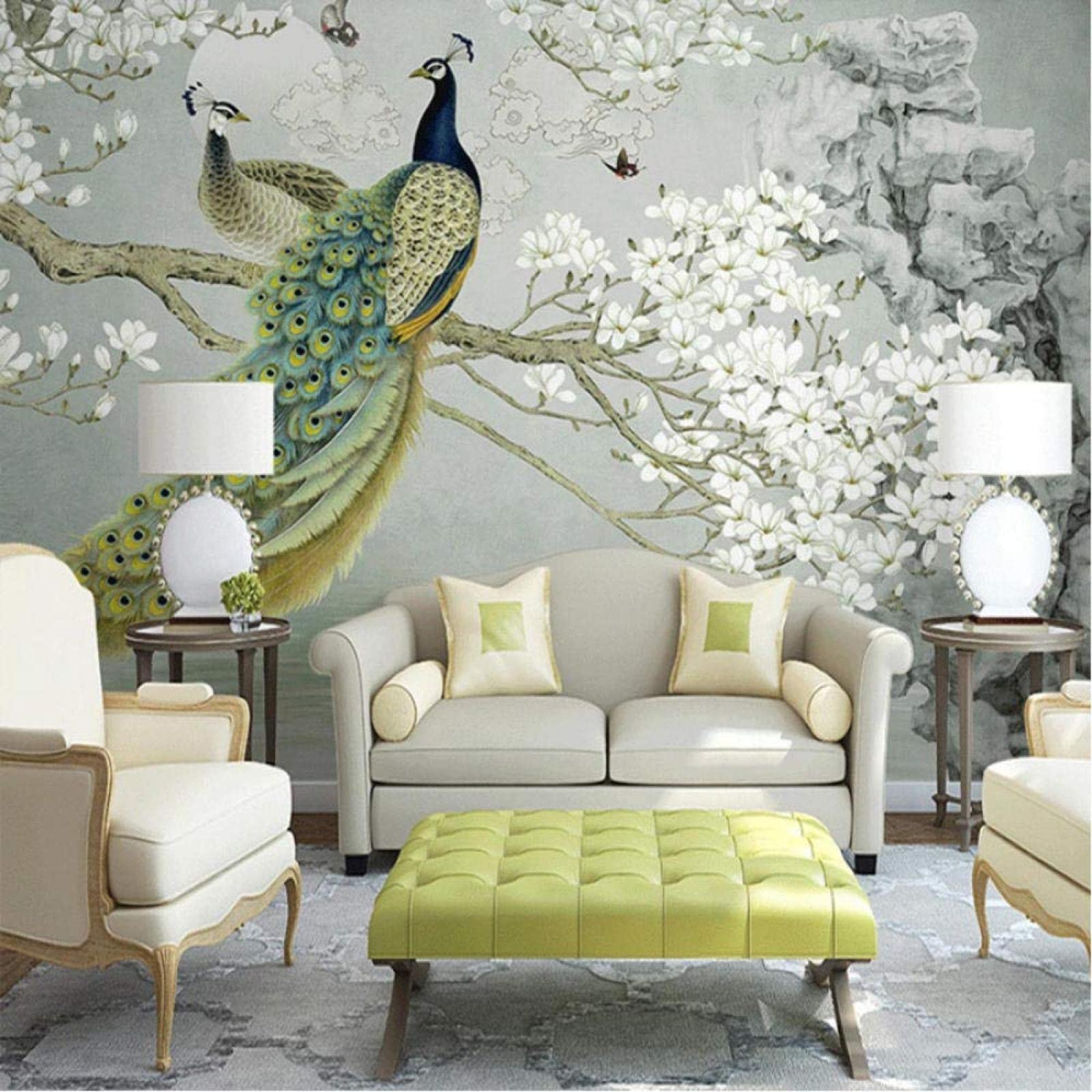 Carta da parati con fiori di magnolia bianca, farfalla, pavone, lago, arte murale, arte per ristorante, bar, decorazione domestica, grandi dimensioni, 350 x 256 cm