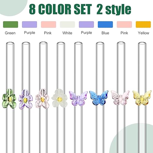Miniatura 3 de 8 pajitas de cristal reutilizables con flores y mariposas, pajitas de cristal transparentes, resistentes a las roturas, pajitas dobladas, coloridas