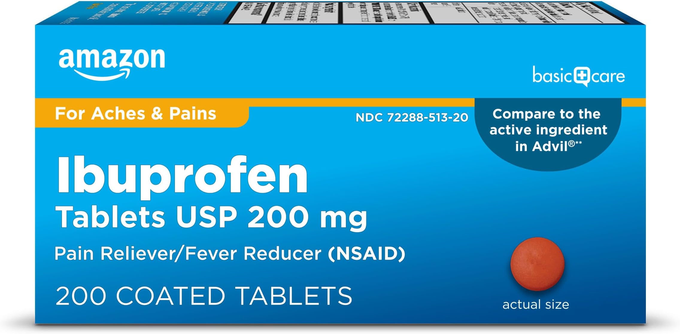 Amazon Basic Care Ibuprofen Tablets, Fever Reducer and Pain Relief from Body Aches, Headache, Arthritis Pain and More, Brown 200 Count