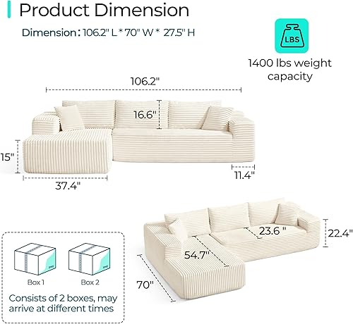 Miniatura 2 de LINSY HOME Sofá modular con diván de gran tamaño, sofás seccionales de pana de felpa para sala de estar, dormitorio, sofá sin hueso en forma de L,