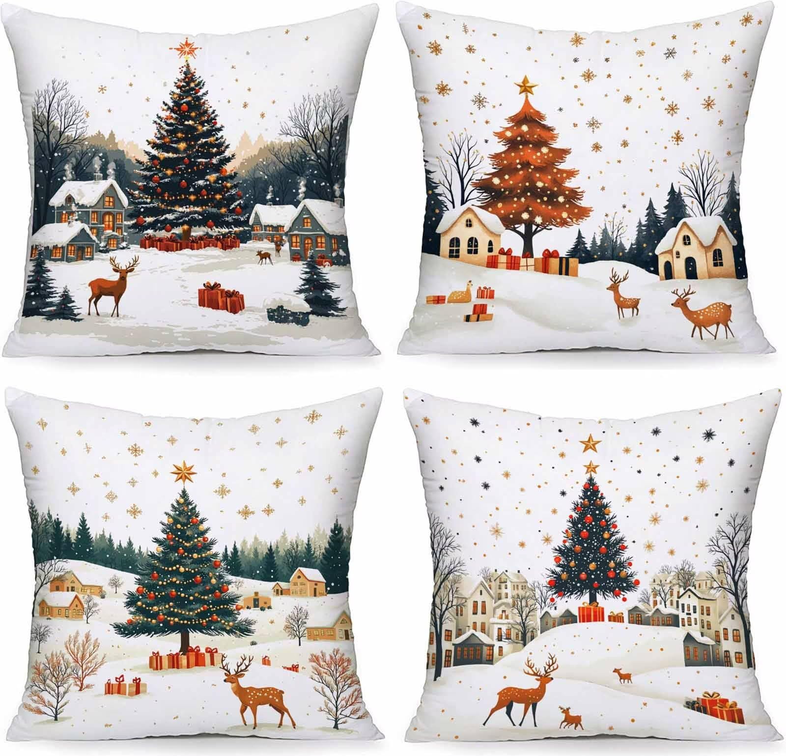 Housse coussin 55x55cm lin motif arbre vert avec impression recto verso haut de gamme