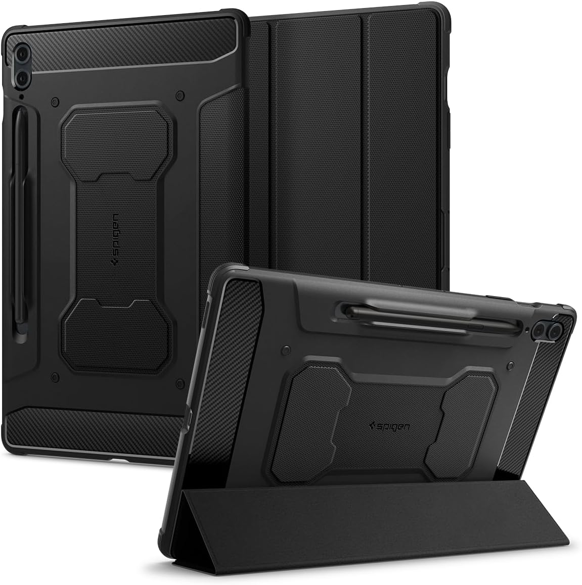 Spigen Rugged Armor Pro | Samsung Galaxy Tab S9 FE+ Case [S Pen Holder] [Trifold Stand] 12.4 inch Folio Full Cover | TPU+PU Leather - Black