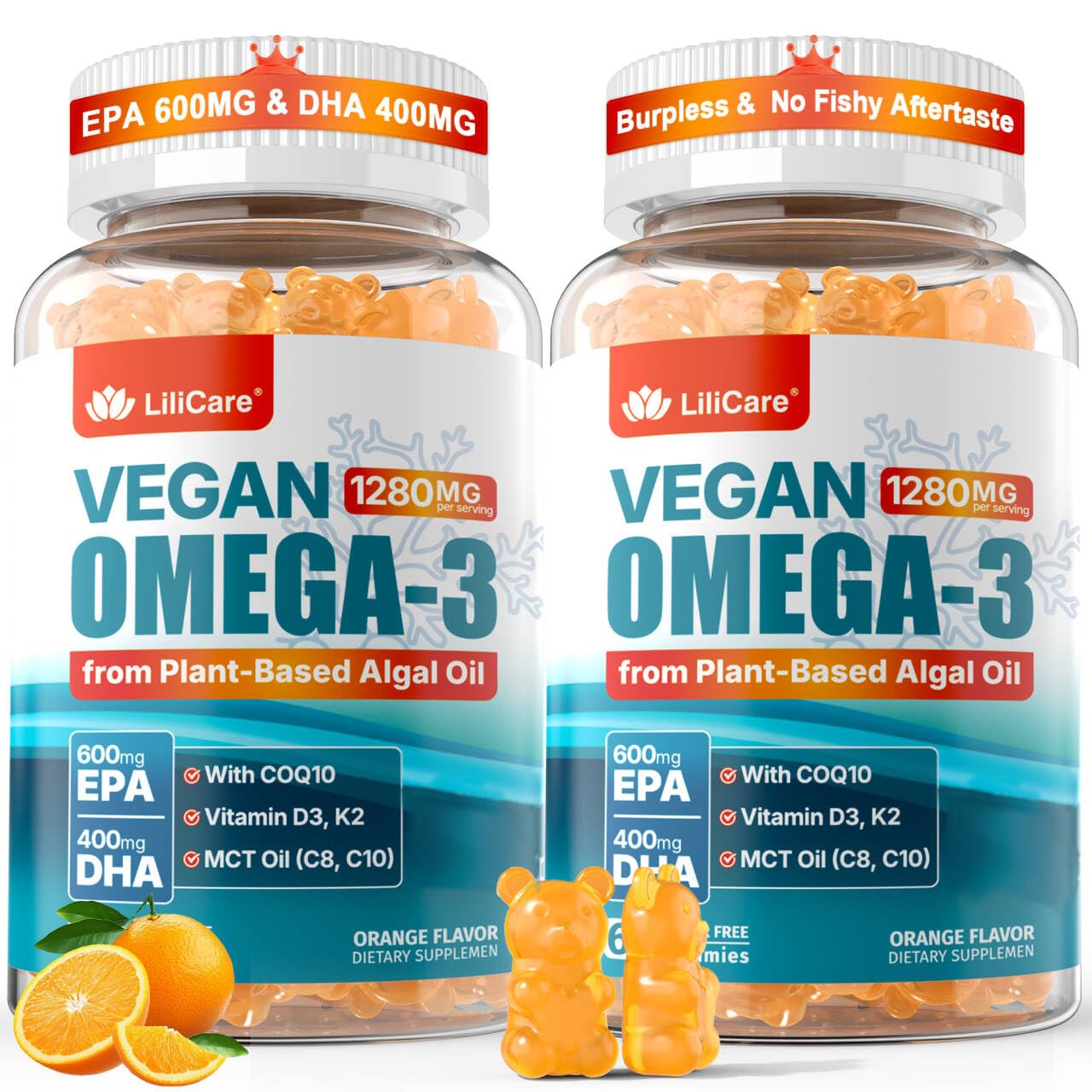 Omega-3 Gummies + CoQ10 + D3 K2 (MK7) for Women Men, EPA 600mg & DHA 400mg