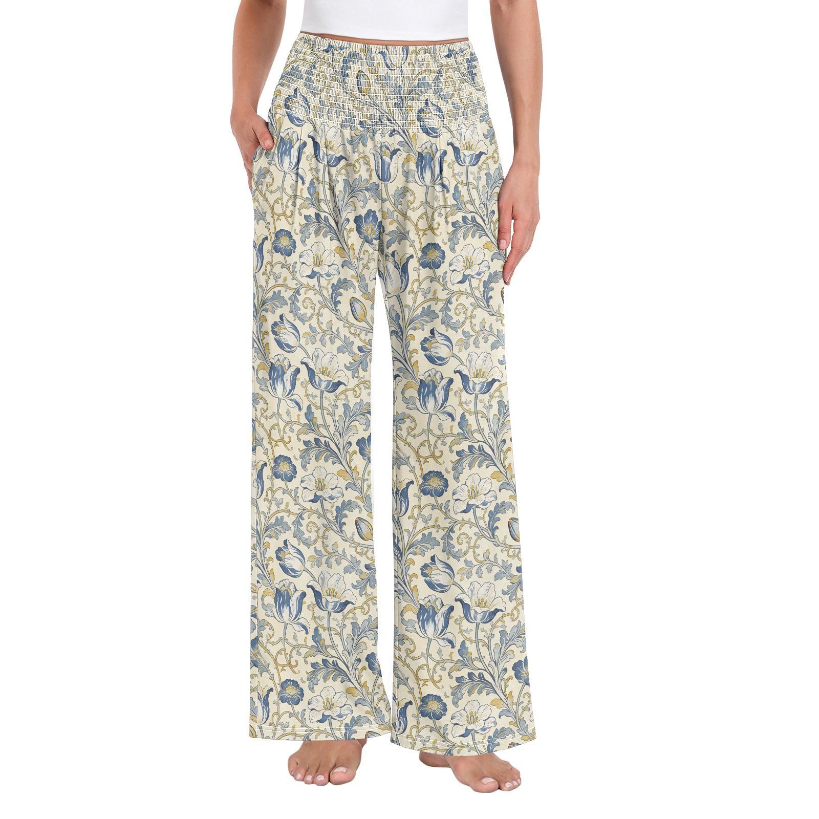 Pantalon de détente extensible style William Morris jaune bleu - 8