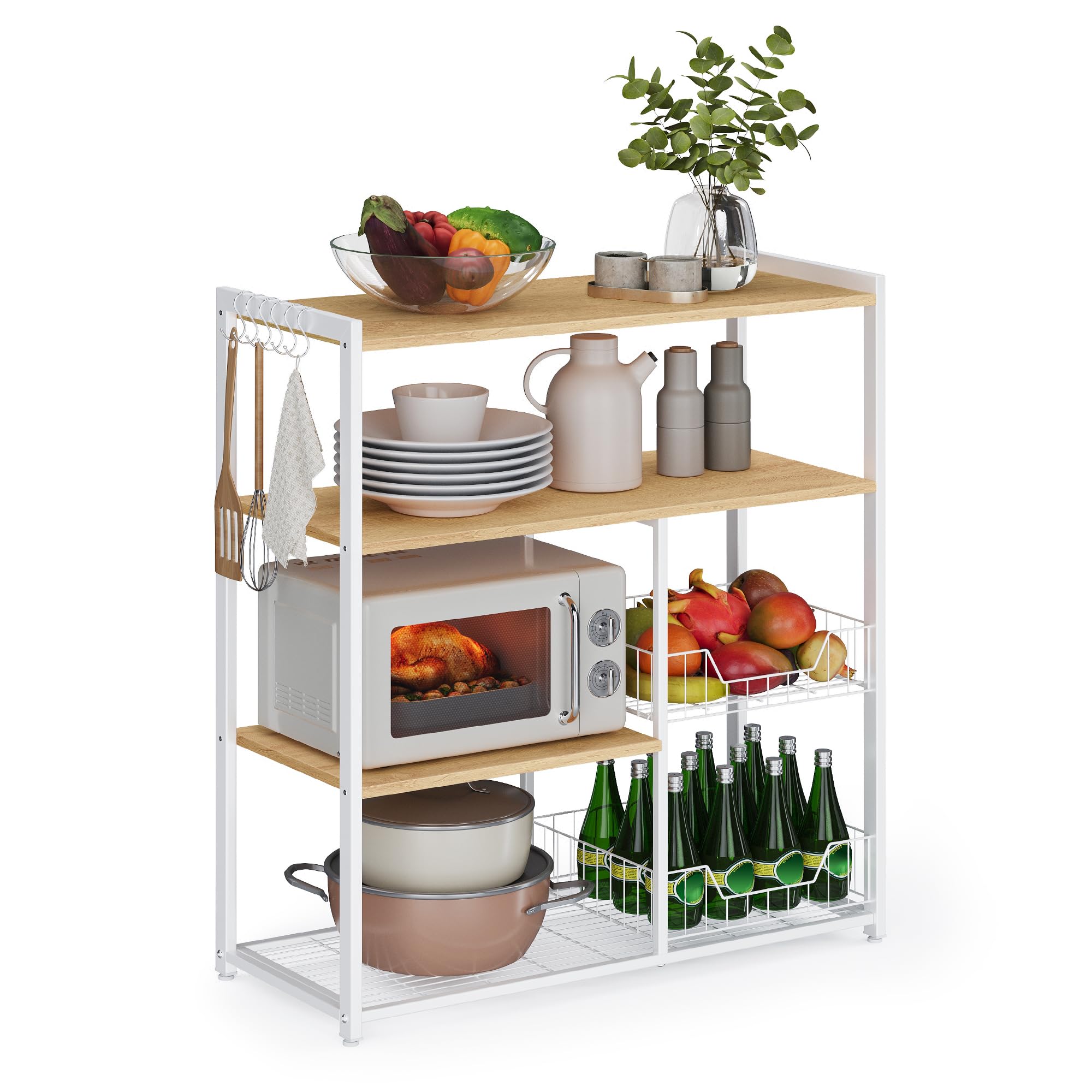 VASAGLE Küchenregal, Standregal mit 2 Metallkörben, Bäckerregal mit Haken und Regalablagen, Mikrowellenregal, 35 x 80 x 93,5 cm, goldeichenfarben-weiß KKS096W09