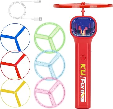 Rechargeable Disc Launcher with 6 Flying Spinners for Outdoor Activities Game White Elephant Gift Fidget Toys Red