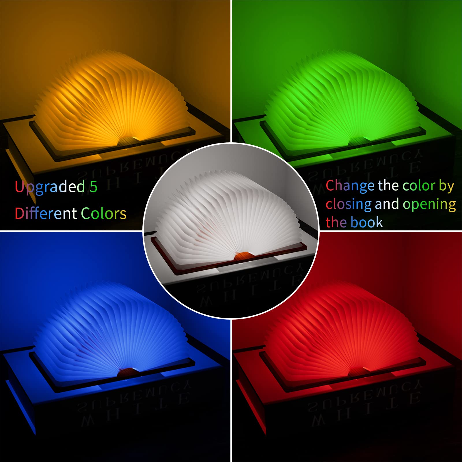 Vergissm Buch-Lampe aus Holz, verbesserte 5 Farben, Neuheit, Beleuchtung, 360 ° faltbare Buchlampe, blau/grün/weiß/orange/rot, LED-Papierlaterne für Schreibtisch, Zimmer, Bibliotheksdekoration