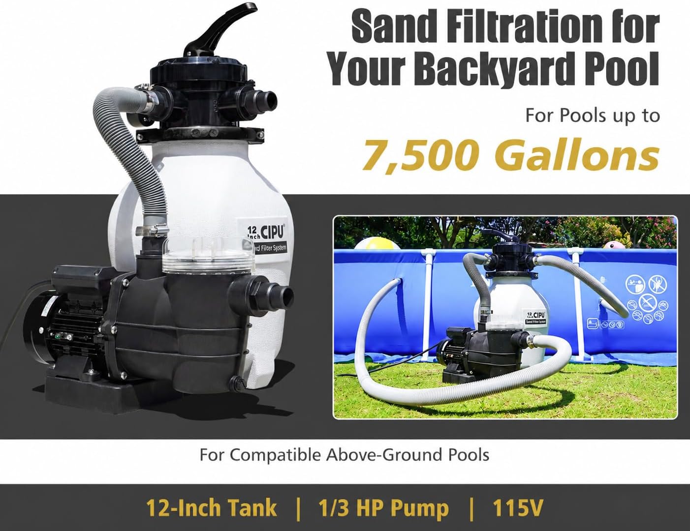 CIPU 12 Inch Sand Filter Pump System for Above Ground Pools, 1/3 HP 115V image 3