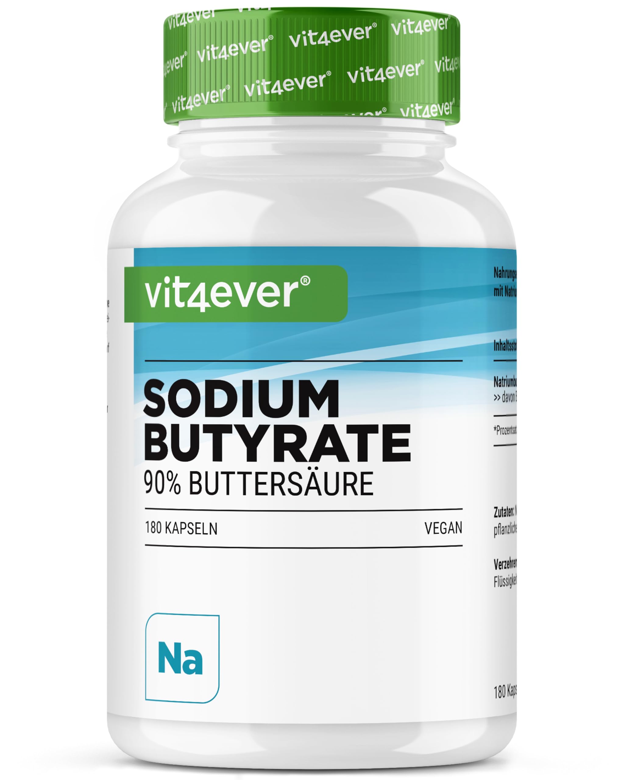 Butyrate de sodium - 180 gélules de 600 mg - Premium : 90% d'acide butyrique - Butyrate de sodium pur sans additifs indésirables - Hautement dosé, végétalien