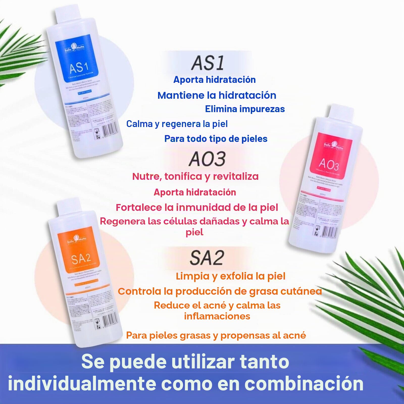 P-Beauty Aquafacial AS1, SA2, AO3 - Paquete combinado para hidrodermoabrasión - Exfoliante, hidratación y vitaminas, limpieza profunda y regeneración de la piel, ideal para todos los tipos de piel