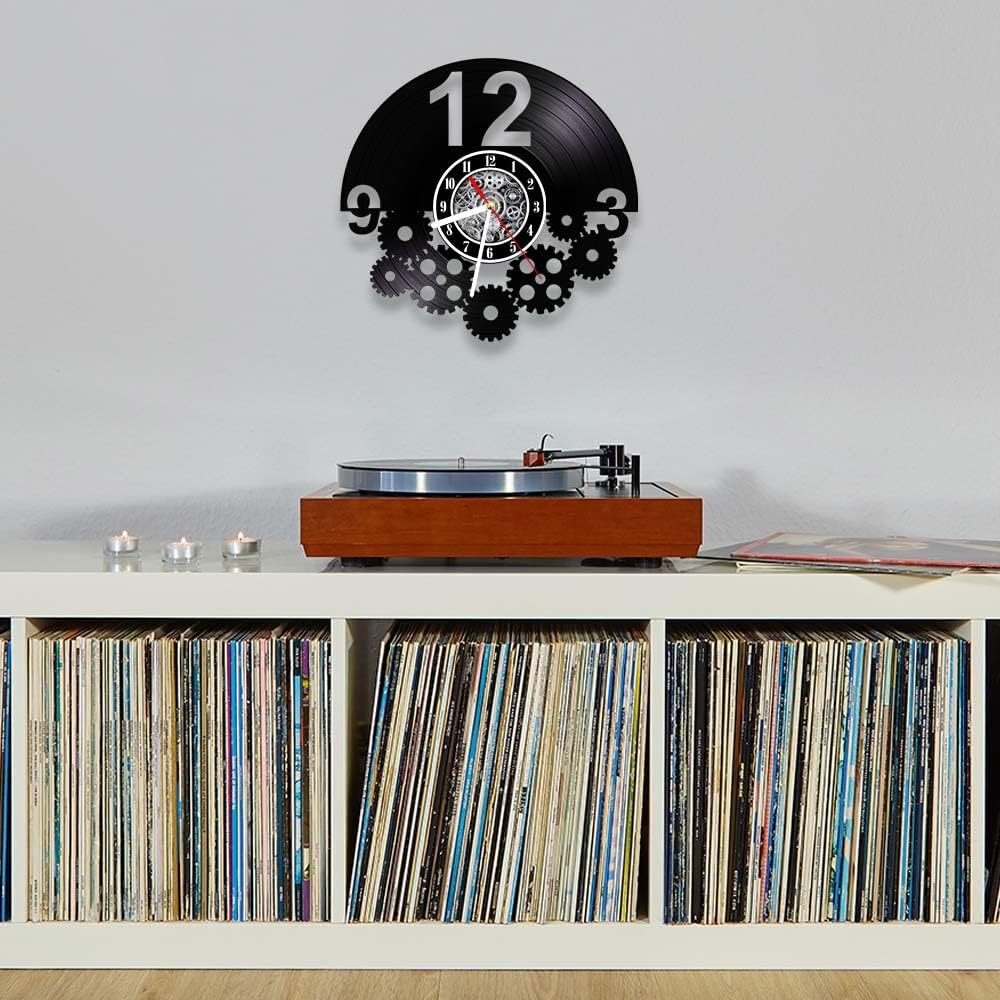 The Geeky Days Vinyl Record Wall Clock Steampunk Gear Mechanism Battery Operated Silent Non Ticking Hanging Watch 12inch Cogwheels Music Album Clock Modern Decor