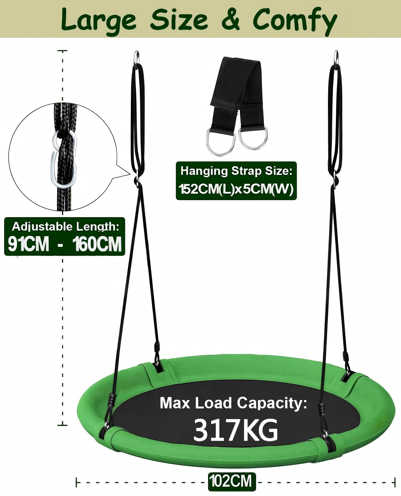 Koutemie Set altalena per albero da 102 cm, altalena regolabile da giardino per bambini e adulti, altalena per parco giochi all'aperto, verde e nero