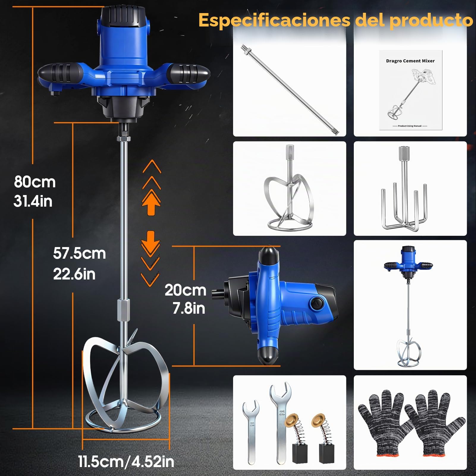 Mezclador de mortero, agitador de 3500 W, con electrónica de 6 velocidades, 0-1500 /min, caja de cambios de aluminio, alojamiento M14, agitador de 120 mm de diámetro para mezclas de hormigón